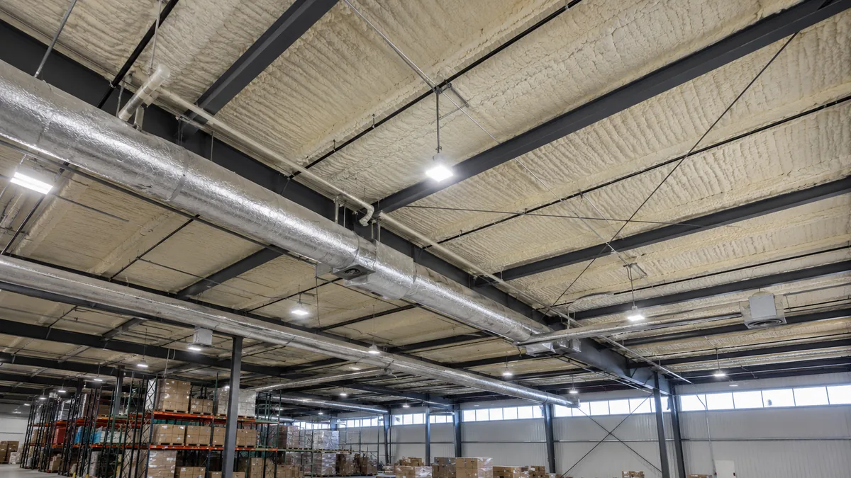 Insulated roof deck and steel structure inside a commercial warehouse in Greeley, Colorado