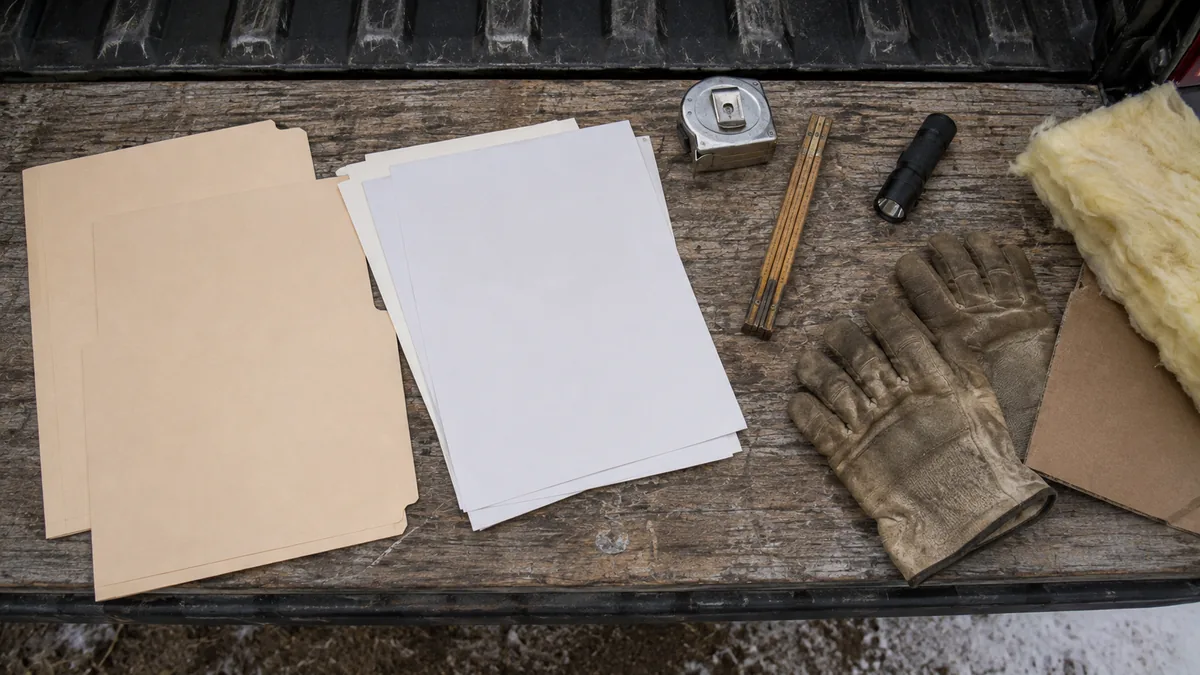 A stack of insulation guides and rebate paperwork laid out beside attic measurement tools