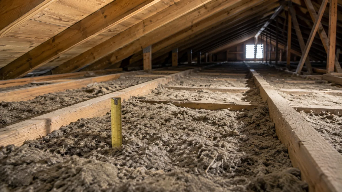 Attic depth being checked in a single story Evans ranch by insulation contractors Evans CO