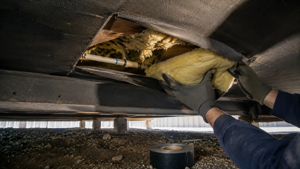 Underfloor belly insulation on a manufactured home being repaired by insulation contractors Milliken CO