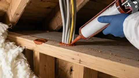 Foam gun sealing a gap in attic framing