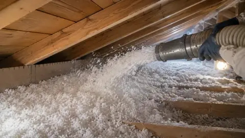 Hose blowing loose fill insulation across an attic floor
