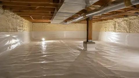 Foamed crawl space wall with a sealed liner