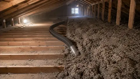 Vacuum hose pulling old insulation out of an attic