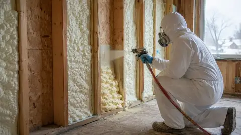 Installer in protective gear spraying open cell foam between wall studs